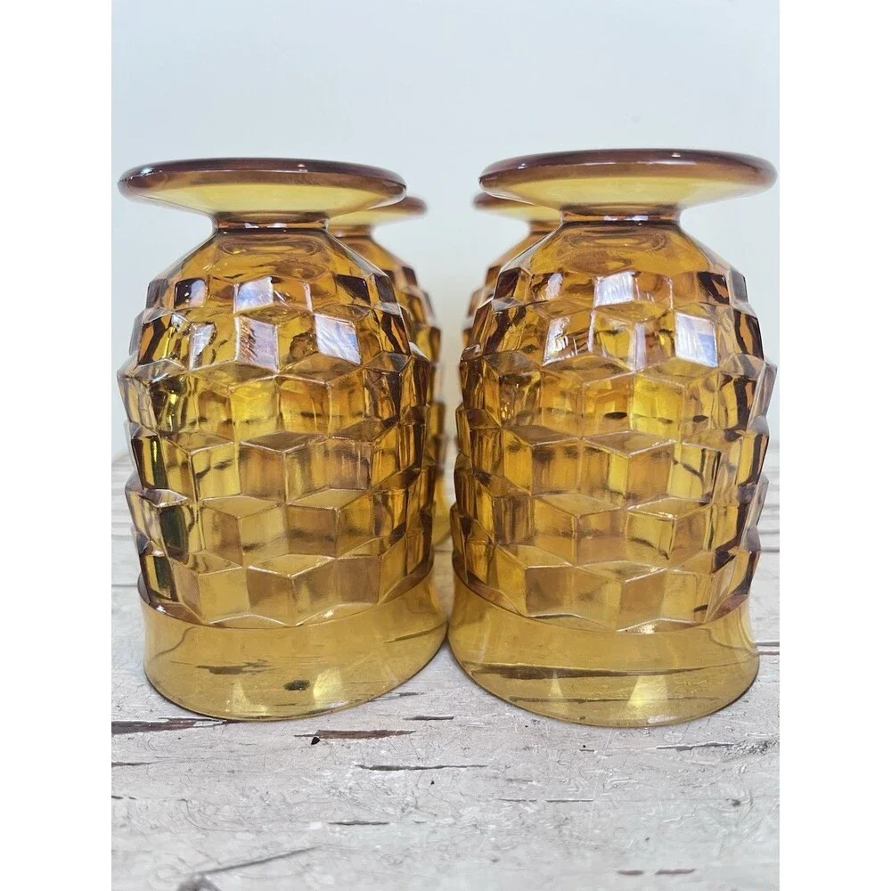Vintage Indiana Whitehall Amber Footed Cubist 4” Tumblers Glasses (Set Of 4)